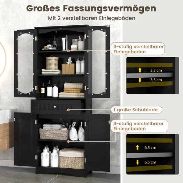 Fritstående badeværelsesskab, sort, 4 låger & skuffe, 160cm