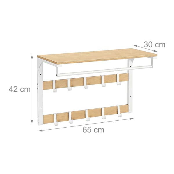 Väggmonterad klädhängare med hyllplan, vit ek, 65 cm