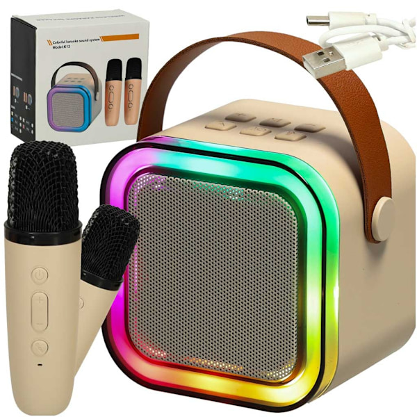 Karaoke set 2 mikrofoner + bärbar högtalare BLUETOOTH USB LED beige