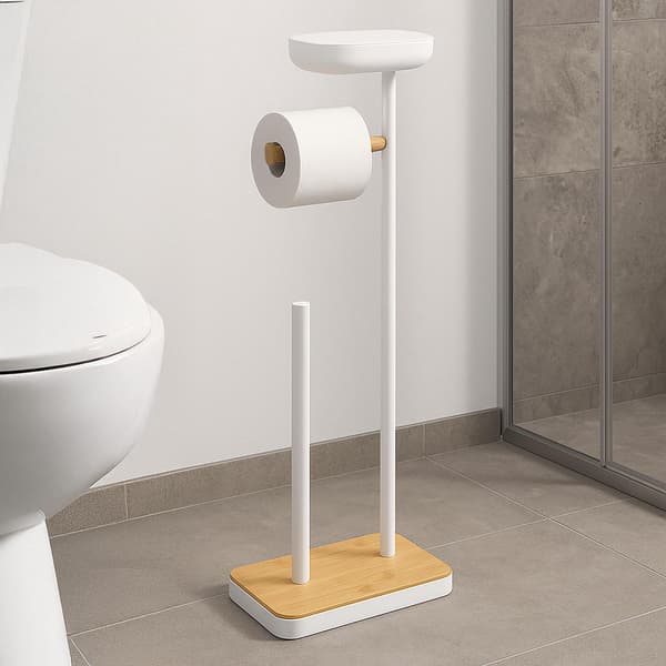 Fritstående toiletpapirholder med hylde, plads til 3 ruller