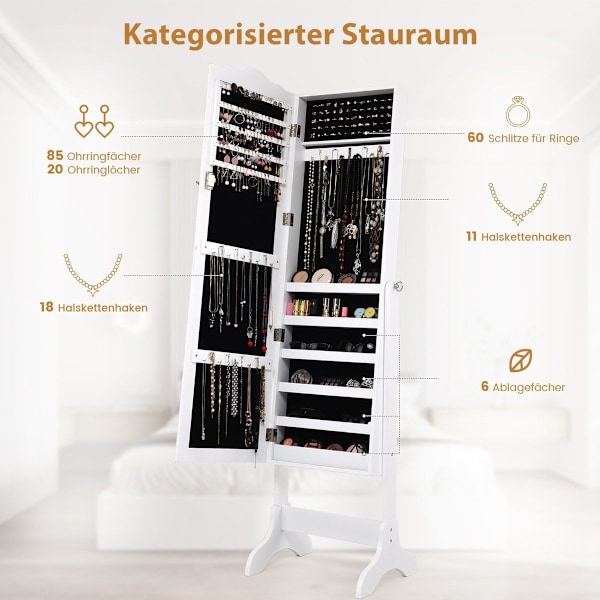 Låsbart smykkeskab stående design med justerbar vinkel med spejl i fuld længde 45 x 37 x 160 cm Hvid