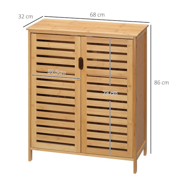 Badeværelsesskab, badeværelsesskab, sideskab med 2 lamelåger, 2 indvendige hylder, bambus opbevaringsskab til badeværelse, stue, 68 x 32 x 86 cm, natu