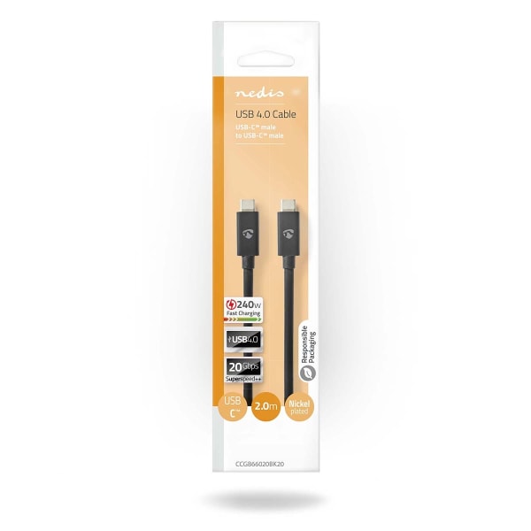 USB-kabel | USB 4.0 Gen 2x2 | USB-C™ Hane | USB-C™ Hane | 240 W | 8K@60Hz | 20 Gbps | Nickelplaterad | 2.00 m | Rund | PVC | Svart | Låda