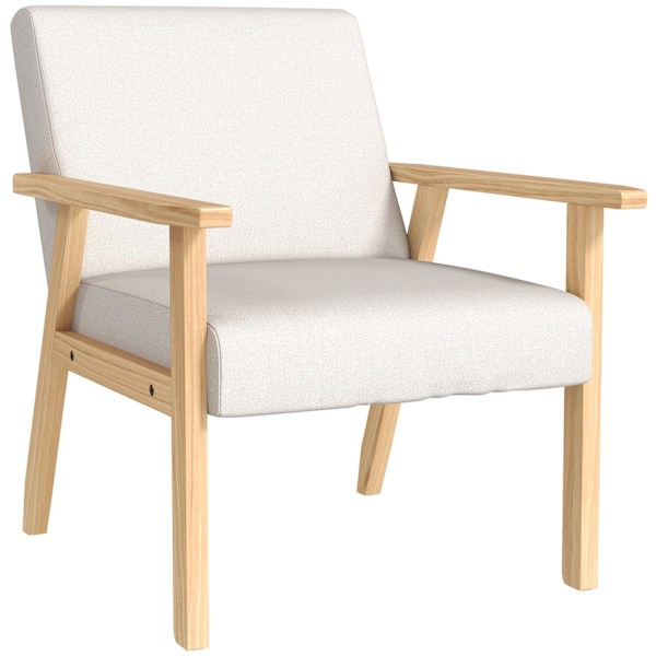 Fåtölj med armstöd, matsalsstol, relaxstol i linnelook, stoppad stol för vardagsrum, sovrum, massiv träram, 64 x 70 x 72 cm, krämvit