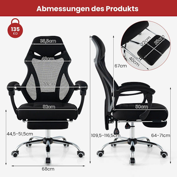 Ergonomisk kontorstol i mesh med fodstøtte og højdejusterbar lederstol med vippelig ryg