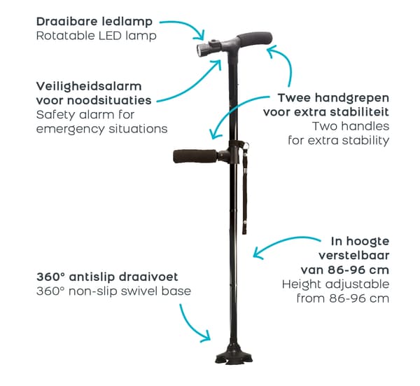 Sammenklappelig stok med LED-lys og stativbase