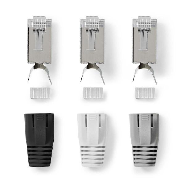 RJ45-liitin | RJ45 Pass Through | Kiinteä/juosteinen FTP CAT7 | Suora | Kullattu | 10 kpl | PVC | Harmaa / Musta / Valkoinen | Laatikko