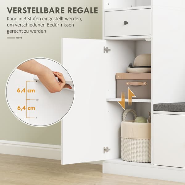 Garderob med klädställning, skobänk, krokar, MDF, vit