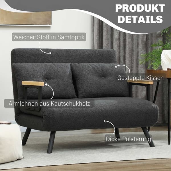 Konvertibel 2-sits bäddsoffa med sherpa-look, mörkgrå