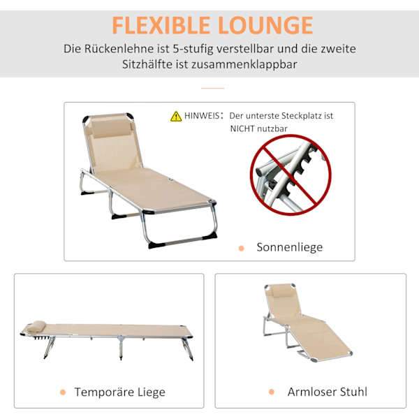 Garden Lounger Aluminium 5-Vägs Justerbar Vikbar Ergonomisk Mesh Beige 170X60X76Cm