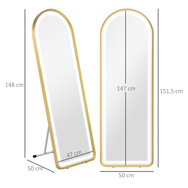 Fuldlængde Spejl Med Led Lys Vægspejl, Stående Spejl, Dæmpbart, Garderobespejl Med Touch Switch, Guld, 47X146 Cm
