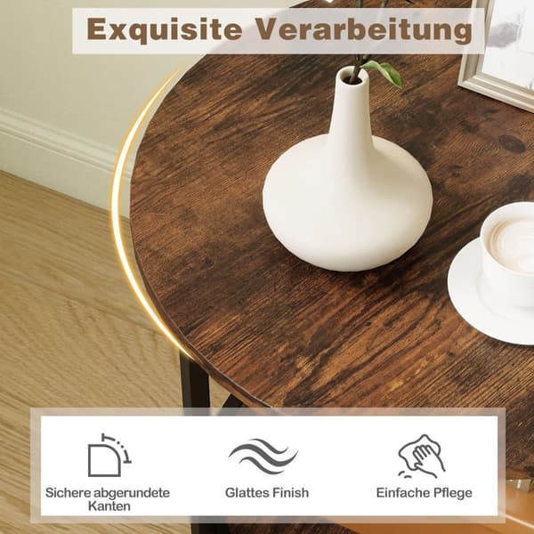 Rundt sidebord med 2 niveauer og hylde, rustik brun