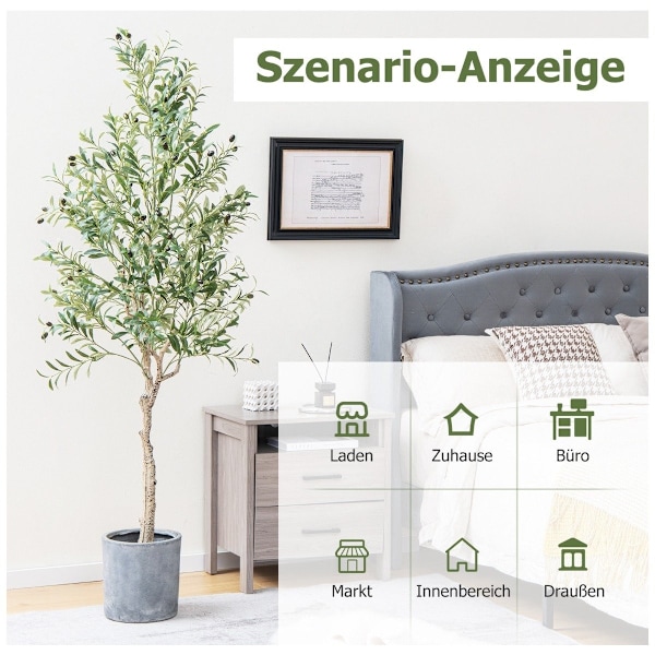 Kunstigt oliventræ med 1296 blade & 72 frugter olivenplanter 182 cm