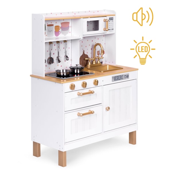 Puinen leikkikeittiö lapsille äänillä ja LEDillä, iso, avattavat kaapit ja 7 lisävarustetta, ECOTOYS