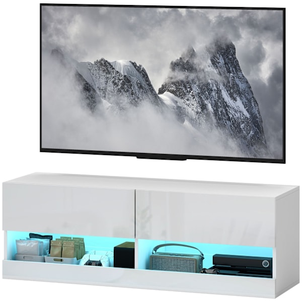 TV-riippuvakaappi värikkäällä LED-valolla, 16 vilkkuvaa tilaa, seinälle kiinnitettävä TV-kaappi, lipasto, avohyllyt, 120 x 35 x 40,5 cm, kiiltävä valk
