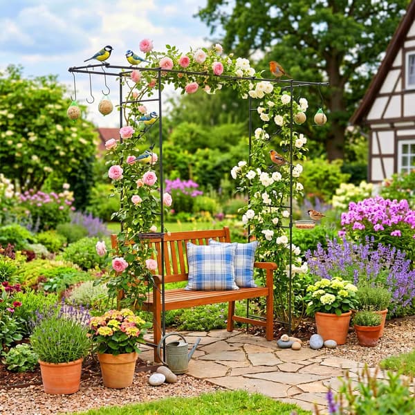 Rosenbue-espalier til haven – Fuglebad og foderstationer