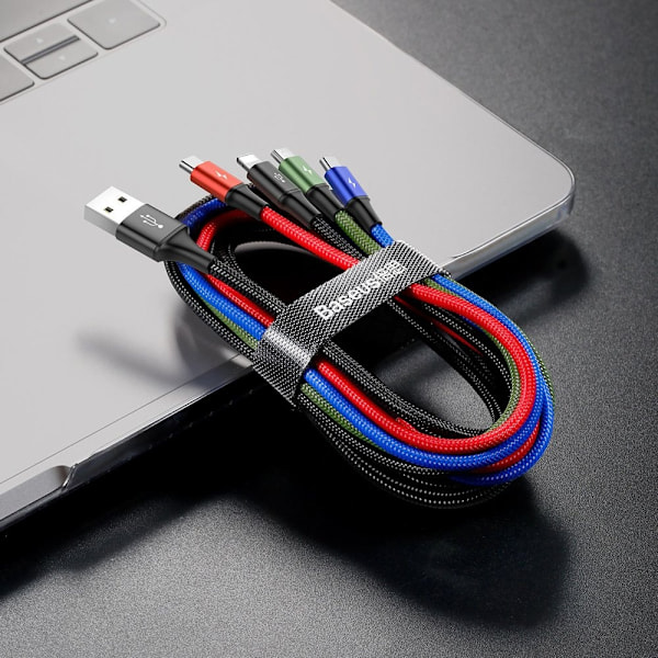 USB-kaapeli 4in1 Iphone Lightning 2 x USB-C microUSB nylonpunos 3.5A 1.2m musta