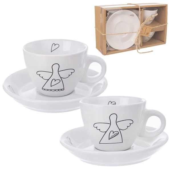 Änglamotiv espressoset: 2 koppar & fat i vit keramik