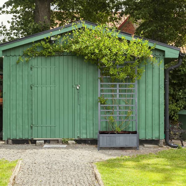 Planteringslåda med spaljévägg i grått