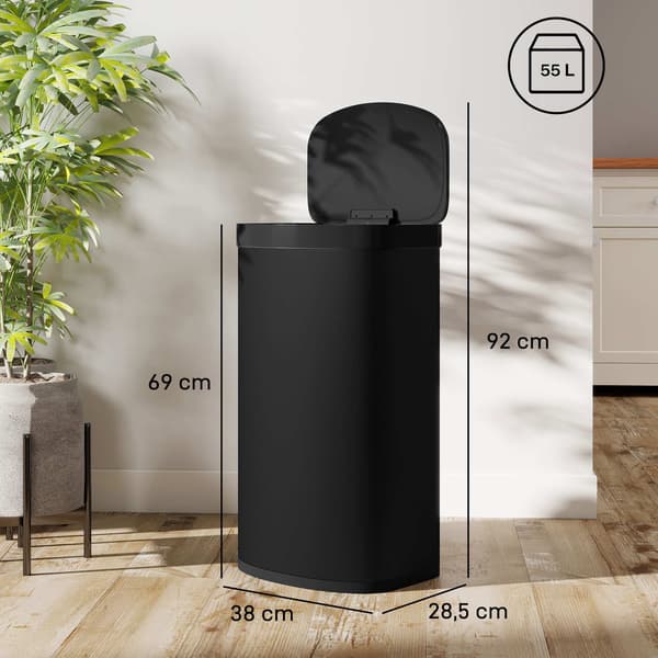 55L Sensor skraldespand, Soft-Close låg, Rustfrit stål, Sort