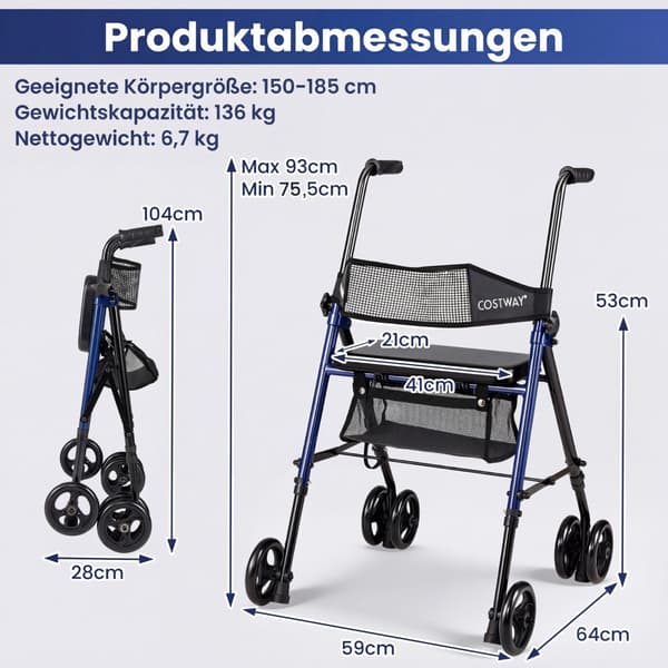 Sammenklappelig rollator med sæde, justerbar højde, blå