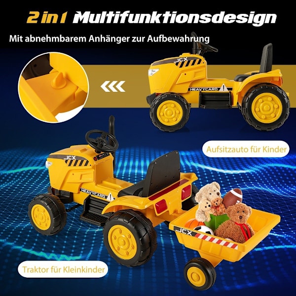 2 in 1 lasten sähkötraktori perävaunulla & amp; Kaukosäädin Electric Toy Car - Keltainen