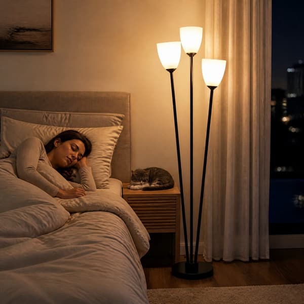 Sort gulvlampe med 3 akrylskærme, 153 cm