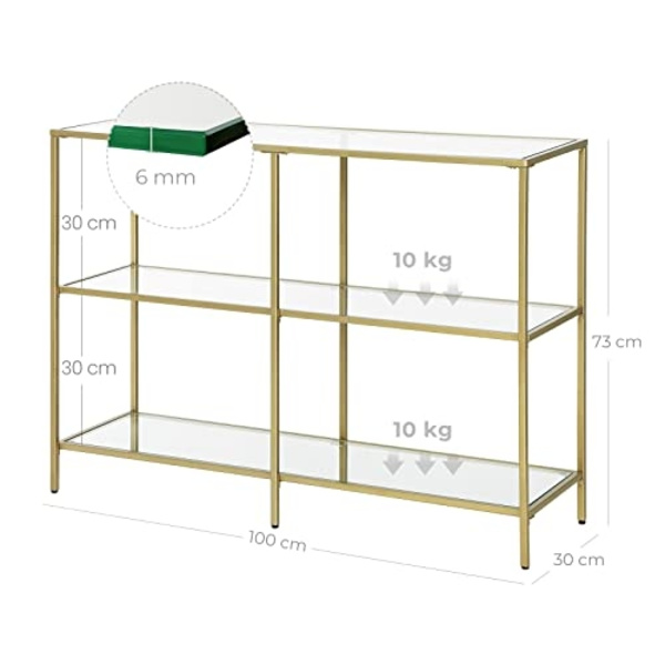 Elegant guld konsolbord med 3 hylder og glaspaneler