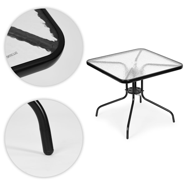 Havebord 80x80 cm, til terrasse, have, balkon, hærdet glas, paraplyhul, MultiGarden
