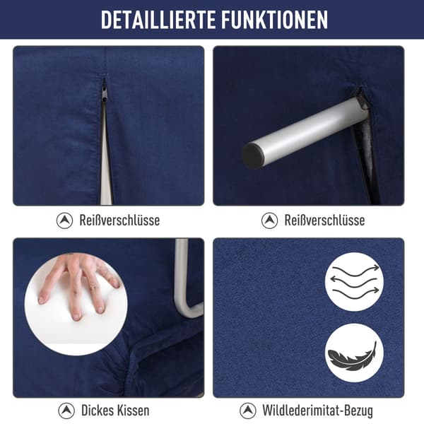 Bäddsoffa, 2-sits soffa med sovfunktion och justerbart ryggstöd, soffa med kuddar i sammetslook, stoppad soffa för vardagsrum och sovrum, blå