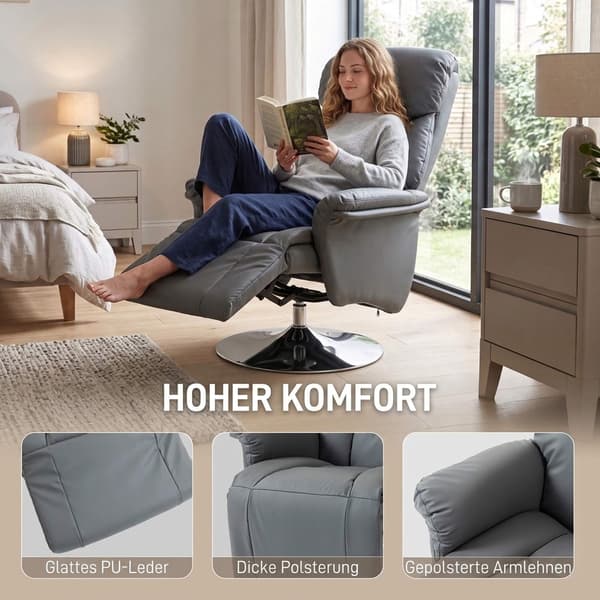 Fåtölj med fåtölj, grått konstläder, justerbart ryggstöd