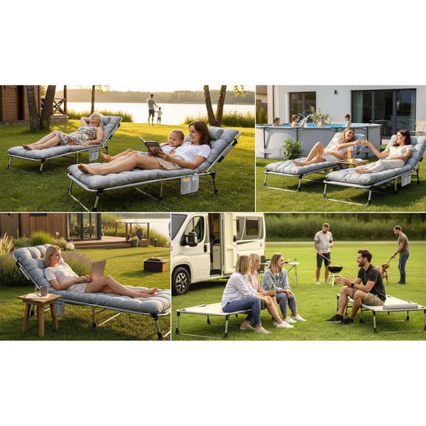 Sammenklappelig campingseng med justerbar lænelæn – grå
