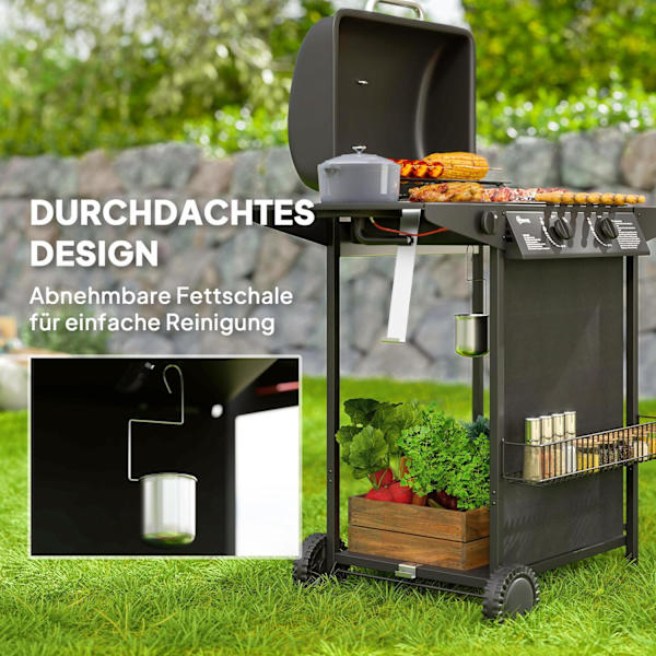 Gasgrill 7 KW grillvagn inklusive 3 brännare sida spis rull tryckreducerare lock gasslang 2 värmezoner termometer sidohyllor, BBQ trädgårdsgrill för b