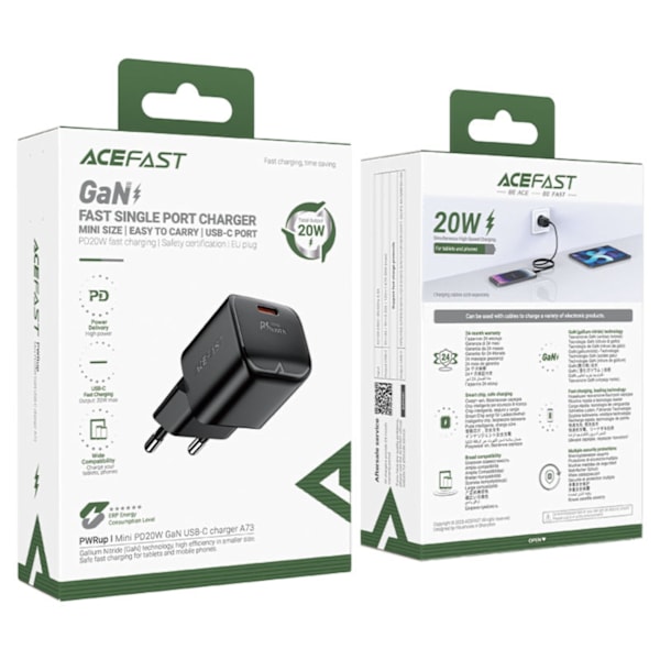 GaN PD 20W USB-C minilaturi, musta