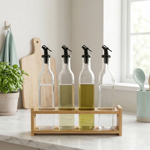 Glasoljeflaskset med bambuhållare – 4-pack