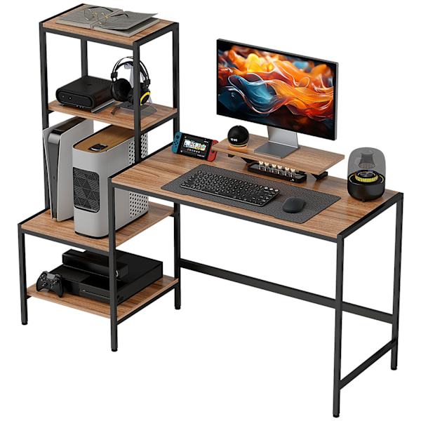 Skrivbordsdatorbord med monitorstativ, CPU-stativ, kontorsbord med skrivarhylla, PC-bord med 4 hyllor, modern design för hemmakontoret, 150 x 48 x 125