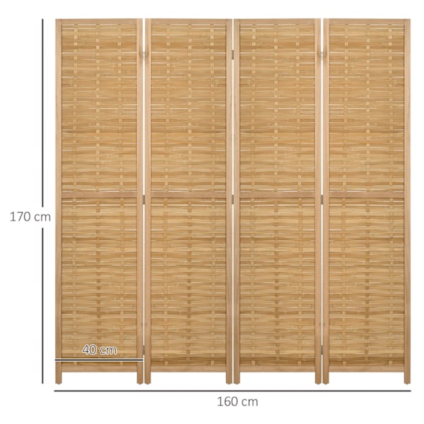 4-delt skærm, rumdeler, 160 x 170 cm skillevæg, foldbar privatskærm, rumdeler lavet af bambus, privatskærm til stue, soveværelse, natur
