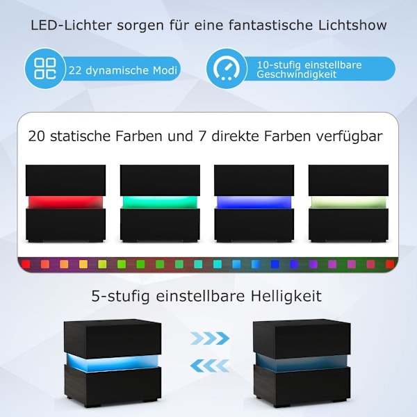 LED sengebord med 2 skuffer & fjernbetjening & dynamisk/statisk belyst natbord