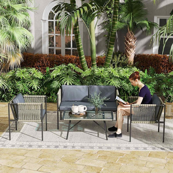 Havemøbelsæt lavet af polyrattan loungesæt med 2 sofastole glasbordhynder vejrbestandige altanmøbler til 4 personer udendørs siddegruppe havemøbler ti