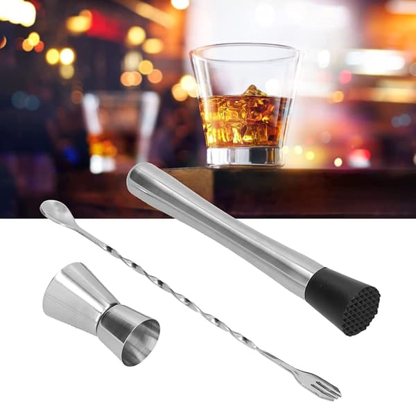 11-delt bartendersæt i rustfrit stål med bambusstativ