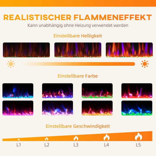 Elektrisk vægmonteret pejs, justerbar flamme, timer