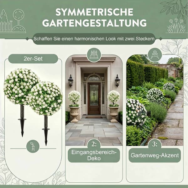 Kunstige rosekugler, topiary-pæle, 2-pak, UV-resistente, hvide