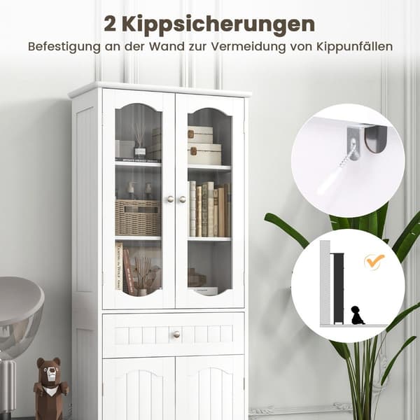 Fristående badrumsskåp med 4 dörrar & låda, vit