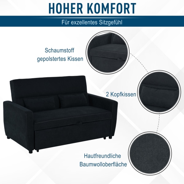 Sovesofa, Klapsofa, 2-Personers Stofsofa, Sovesofa, Sofa Med Sovefunktion, Sofasæt, Justerbar Vinkel, Sort, 148 X 82 X 89 Cm