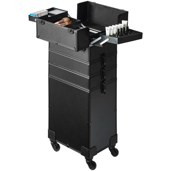Makeup-etui med hjul, 5-i-1 aluminiumsvogn, sort