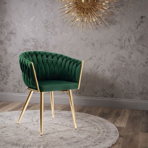 Matstol i sammet, guldfärgade ben, mörkgrön, flätad design