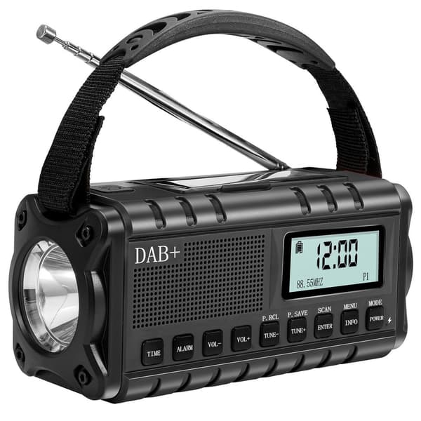 SiGN Nødradio DAB+/FM med håndsving/batteri/solceller/USB-strøm – sort