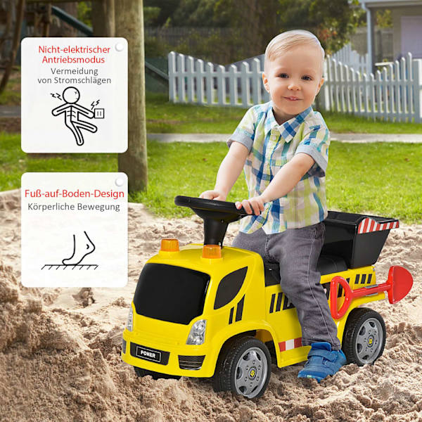 Istuinkaivinkoneella Ajettava Auto 18-36 Kuukauden Ikäiselle Vauvalle, Kippikauhalla Ja Lapiolla, Metallia Ja Pp-Muovia, Keltainen