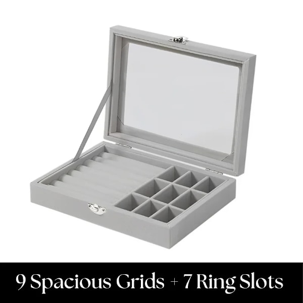 Herzberg HG-05361: Sammetssmyckena med glaslock, 9 galler + 7 ringfack