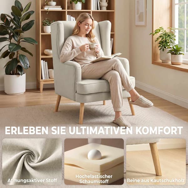 Wingback-stol, beige med hørlook, lændepude